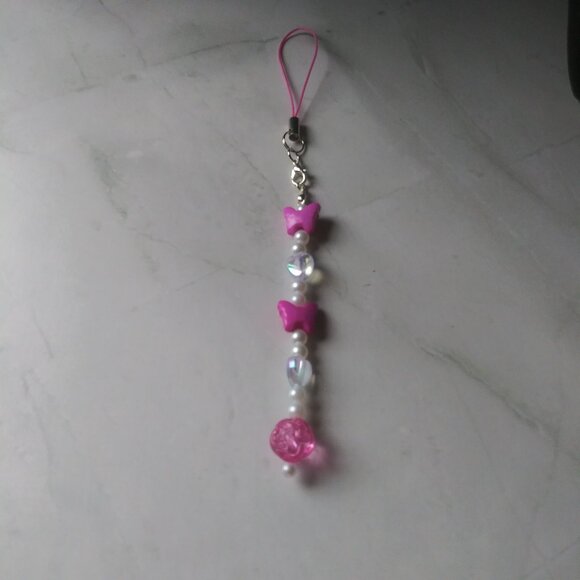 Hot Pink Butterfly Beaded Phone Charm | Iridescent Pearl Strap Accessory - Picture 1 of 7